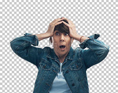 Buy stock photo Wow, thinking and a senior woman with a reaction for bad news, announcement or stress. Surprise, confused and an elderly person with an expression of shock isolated on a transparent png background