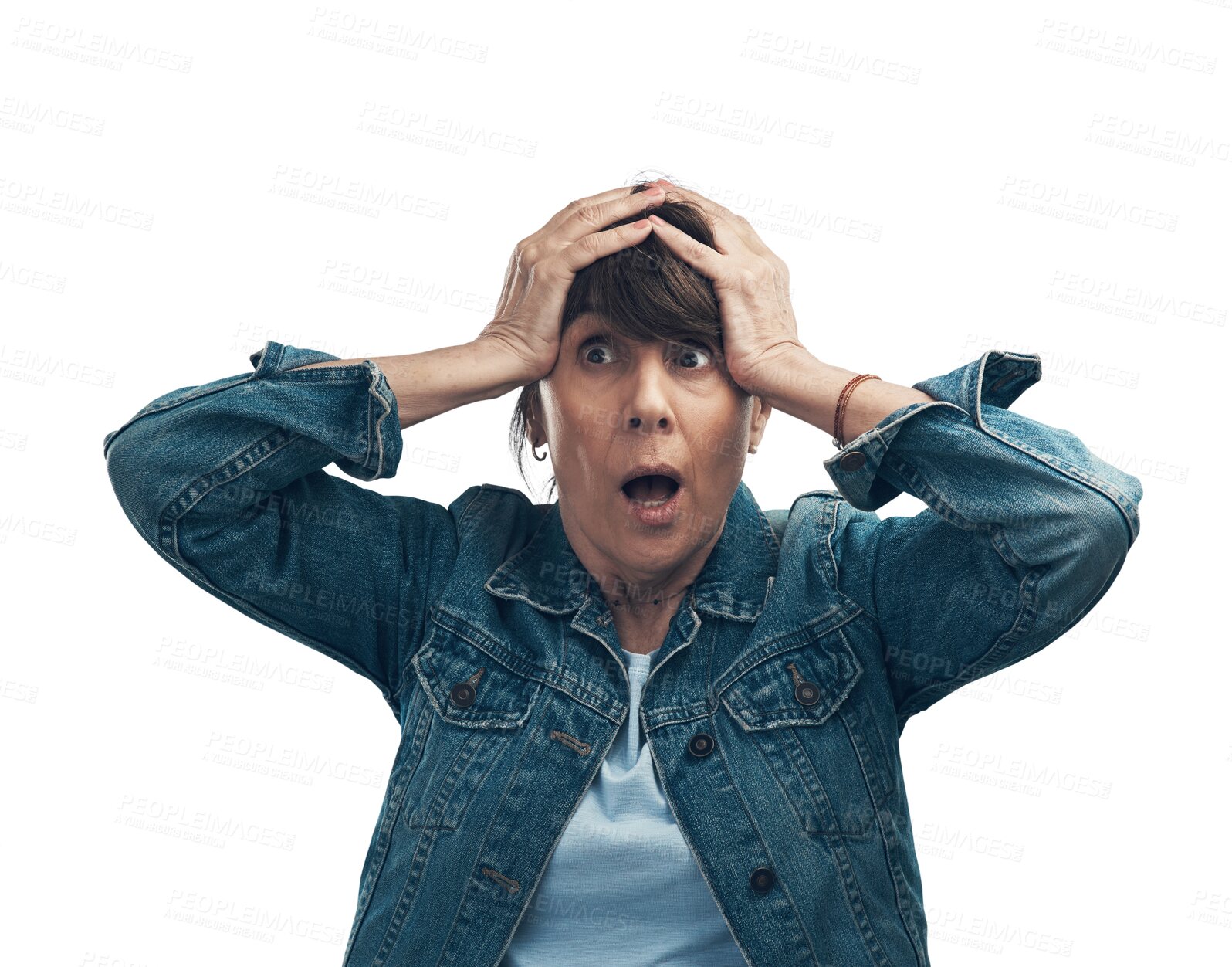 Buy stock photo Wow, thinking and a senior woman with a reaction for bad news, announcement or stress. Surprise, confused and an elderly person with an expression of shock isolated on a transparent png background