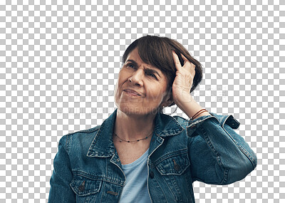 Buy stock photo Confused, senior woman and thinking with hand on head, mind or try to remember a memory on isolated, transparent or png background. Person, frustrated with question, planning or idea for a solution