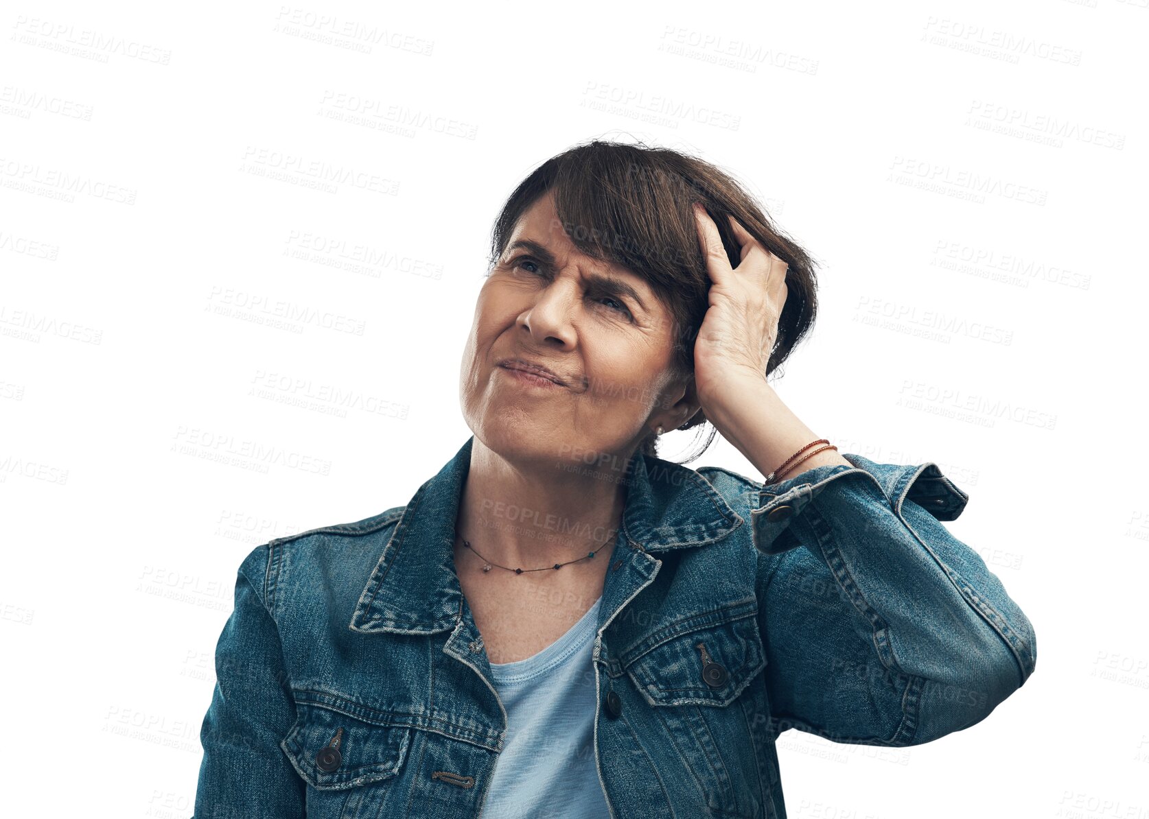 Buy stock photo Confused, senior woman and thinking with hand on head, mind or try to remember a memory on isolated, transparent or png background. Person, frustrated with question, planning or idea for a solution
