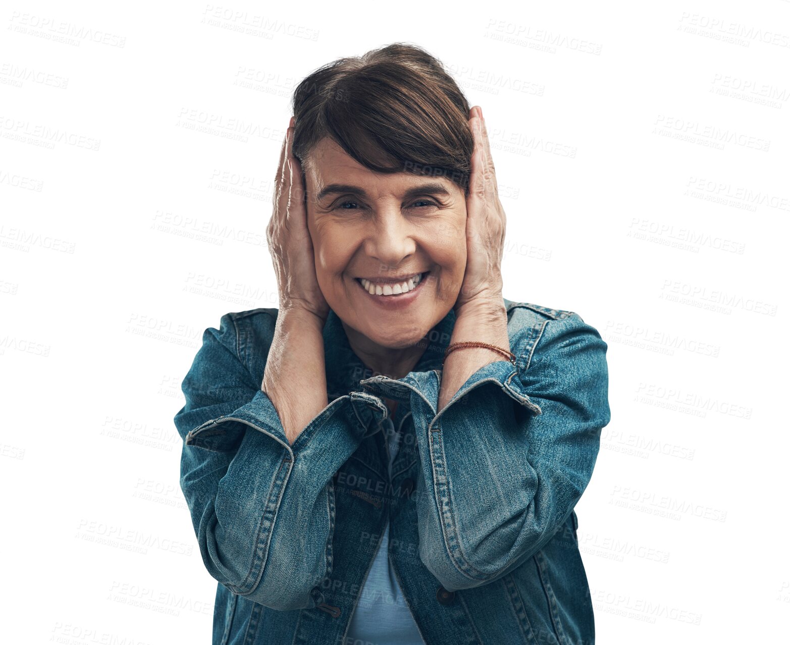 Buy stock photo Portrait, woman and block hearing with hands for noise, sound or loud audio on isolated, transparent or PNG background. Cover ears, listening to silence and happy person face with quiet music