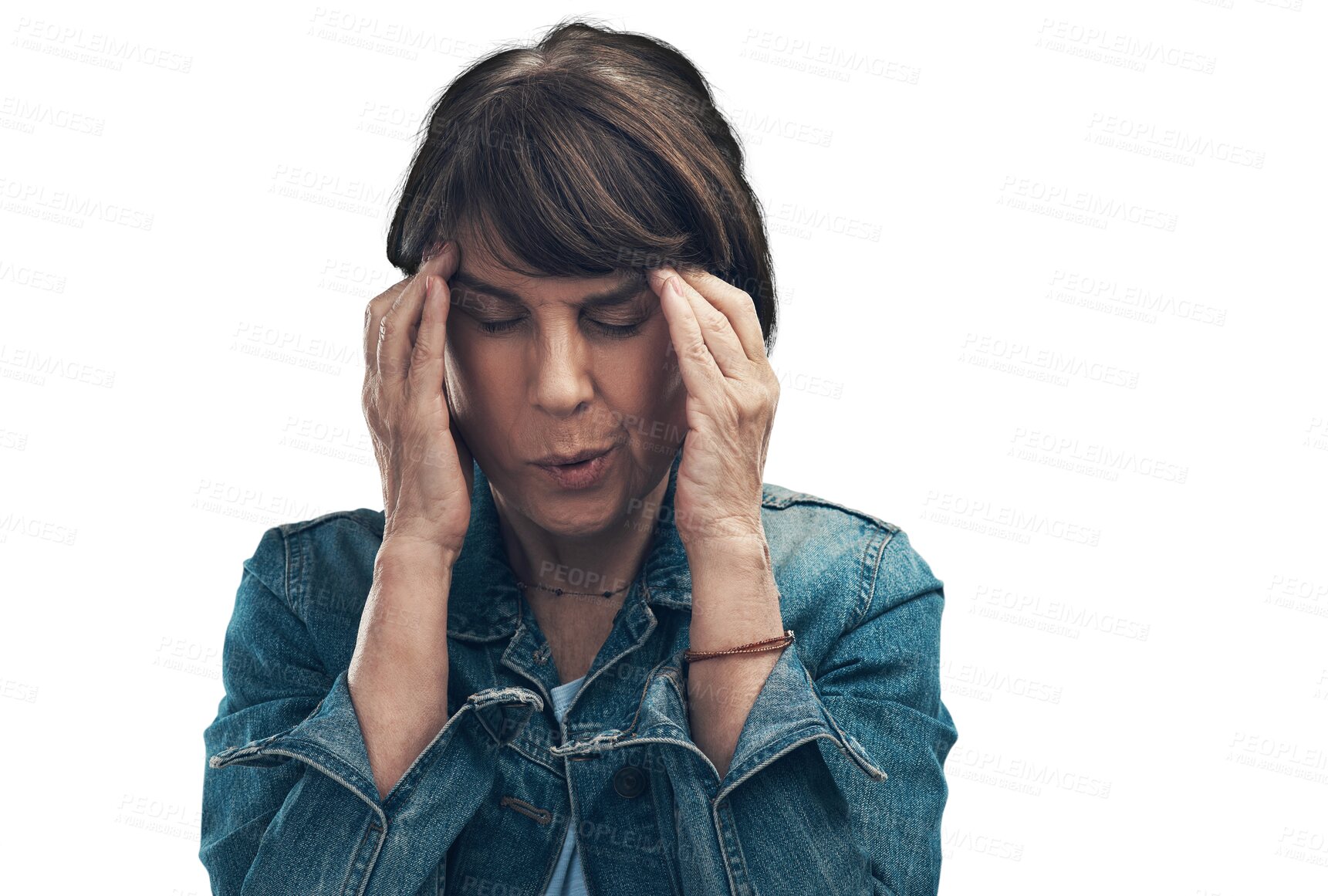 Buy stock photo Stress, anxiety and woman with hands on headache or pain, sore migraine or fatigue on isolated, transparent or PNG background. Businesswoman, tired and person in burnout, exhausted or mental health