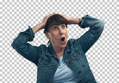 Buy stock photo Surprise, woman and hands on head isolated on transparent, png background for news, mistake or crisis. Emergency, accident and shocked person with wow or crazy expression for problem