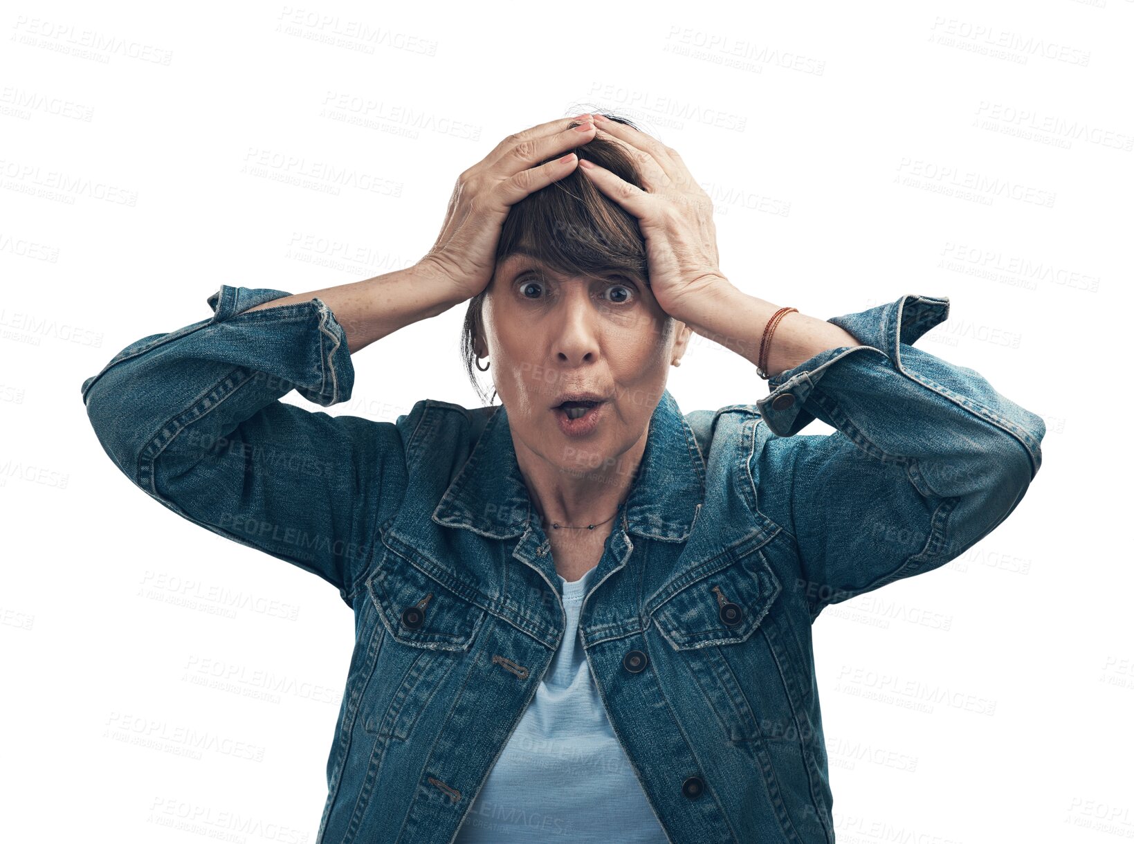 Buy stock photo Face, portrait of a shocked woman isolated and against a transparent png background. Bad or good news, confused expression or accident and wow or omg facial reaction of a female person for surprise