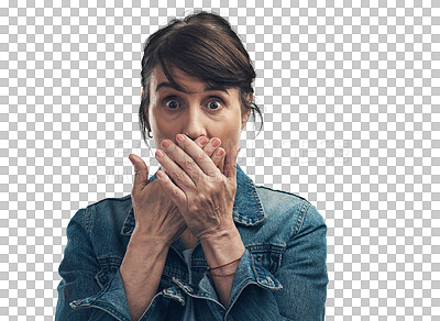 Buy stock photo Surprise, woman portrait and oops or hand cover mouth isolated on transparent png background for gossip or news. Shocked face of mature person for fake news, accident or mistake, fear and fail