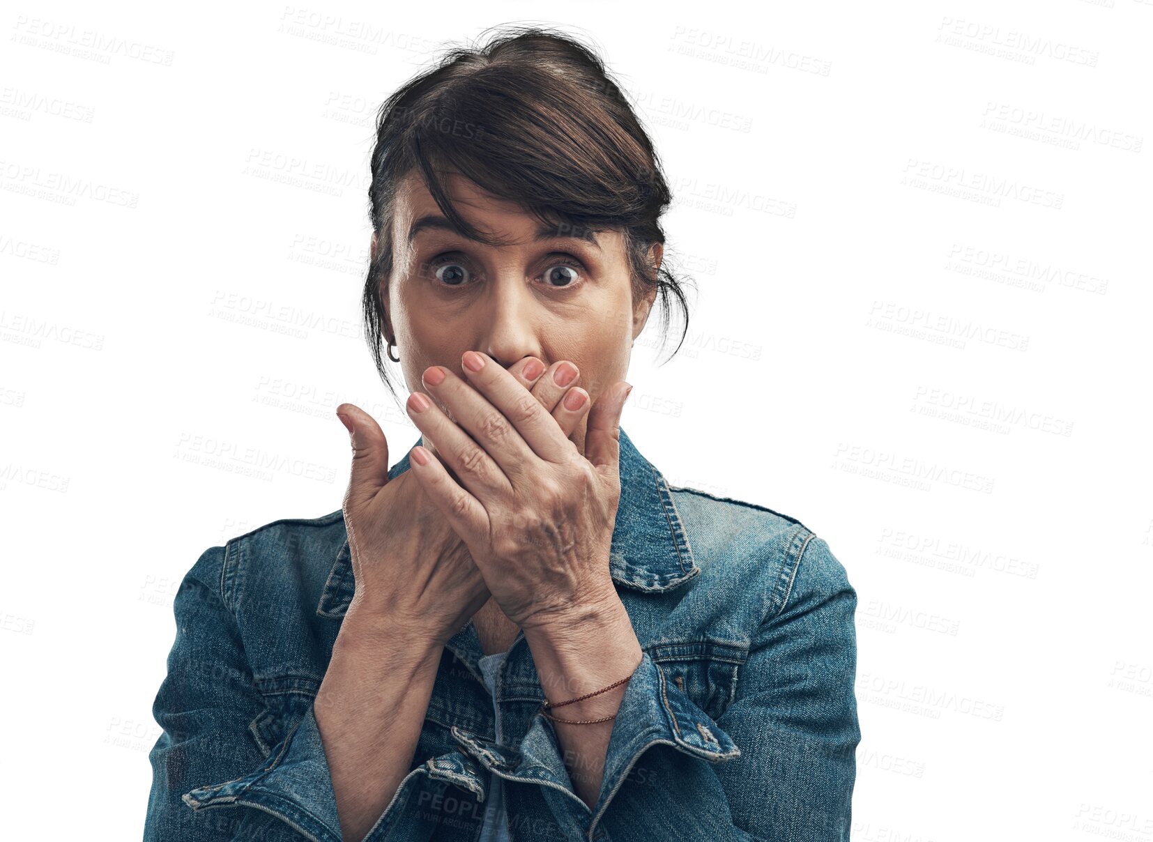 Buy stock photo Surprise, woman portrait and oops or hand cover mouth isolated on transparent png background for gossip or news. Shocked face of mature person for fake news, accident or mistake, fear and fail
