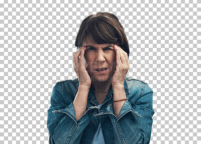 Buy stock photo Stress, headache and portrait of woman with hands on head in pain, sore migraine or fatigue on isolated, transparent or PNG background. Person, tired and working in burnout or exhausted mental health