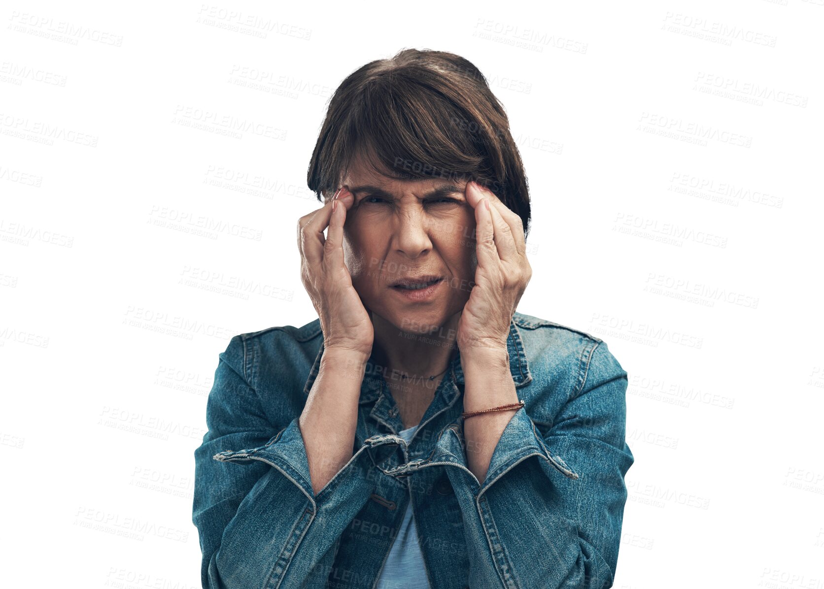Buy stock photo Stress, headache and portrait of woman with hands on head in pain, sore migraine or fatigue on isolated, transparent or PNG background. Person, tired and working in burnout or exhausted mental health
