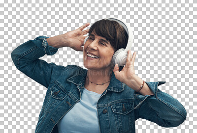 Buy stock photo Music, headphones and happy woman listening isolated on a transparent png background. Mature, radio and female person listen, streaming and enjoying podcast, sound track and audio song to relax.