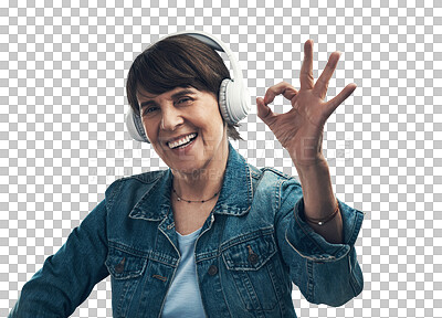 Buy stock photo Music headphones, portrait and woman with ok sign isolated on a transparent png background. Smile, radio and person with like hand emoji for excellence, listening or streaming review for jazz podcast