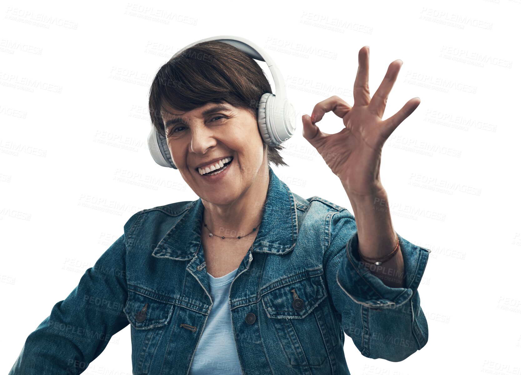 Buy stock photo Music headphones, portrait and woman with ok sign isolated on a transparent png background. Smile, radio and person with like hand emoji for excellence, listening or streaming review for jazz podcast