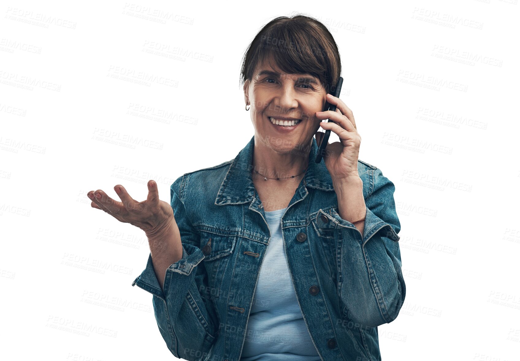 Buy stock photo Phone call, portrait and woman question, why and decision isolated on transparent png background in communication. Offer, mobile chat and mature person palm for questions, information or happy advice