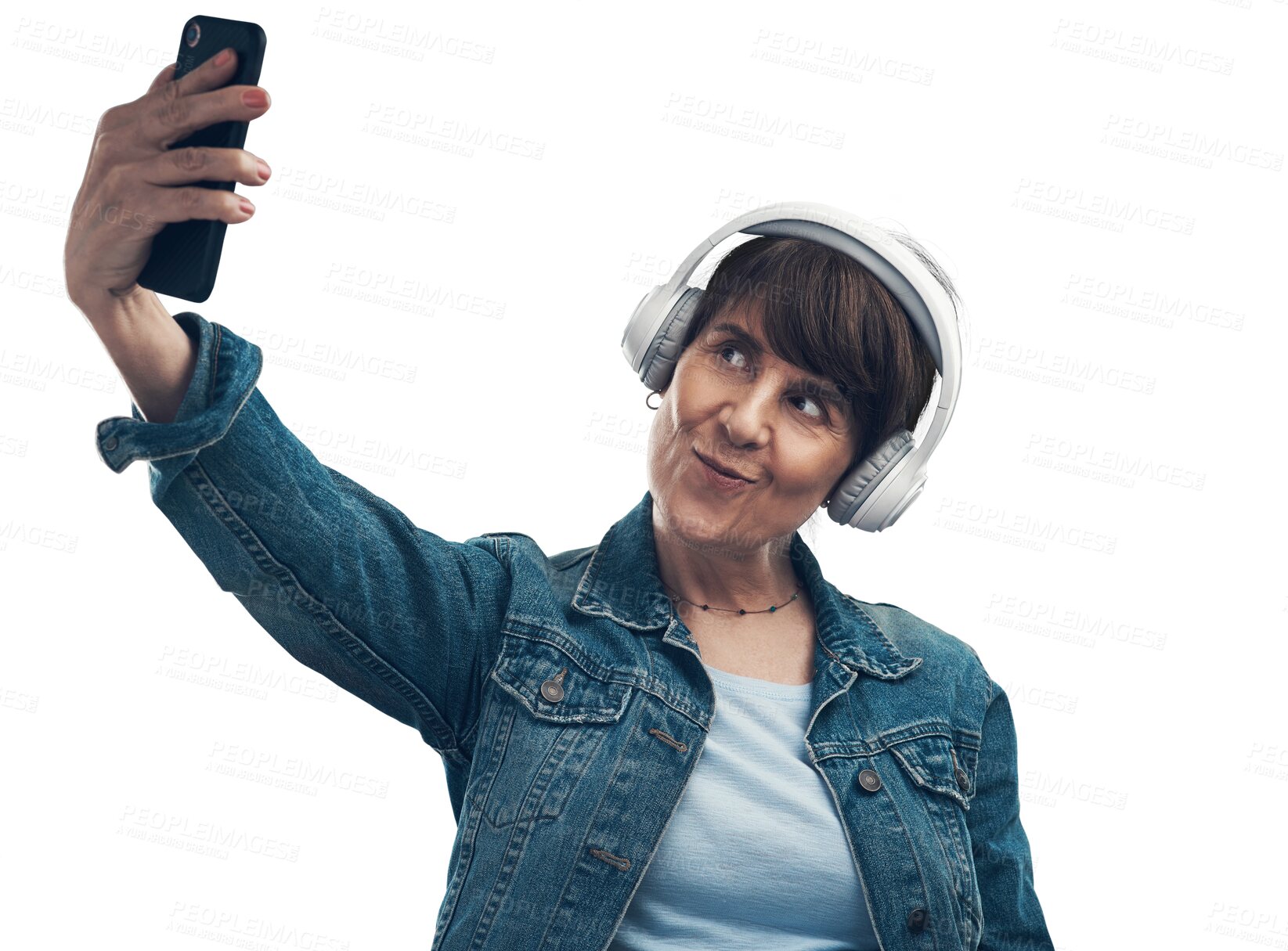 Buy stock photo Isolated woman, selfie and headphones with smile, pouting or kiss for blog by transparent png background. Senior influencer lady, music and photography for social network app, profile picture or post