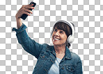 PNG of Studio shot of a senior woman taking selfies while wearing headphones.