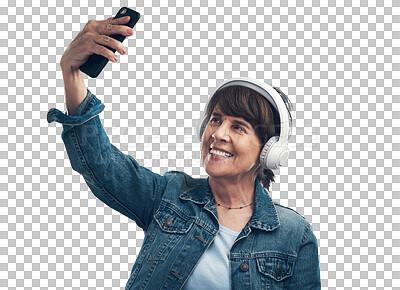 Buy stock photo Isolated woman, selfie and happy with headphones, smile or memory for blog by transparent png background. Senior influencer lady, music and photography for social network app, profile picture or post