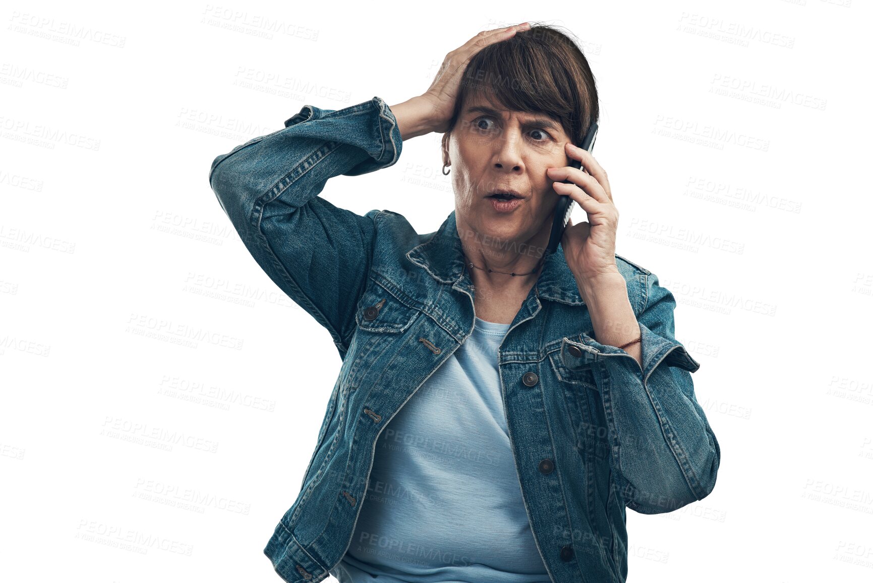 Buy stock photo Phone call, woman and hands on head isolated on transparent, png background for debt news, mistake or crisis. Stress, worry or shocked mature person talking on mobile of bankruptcy problem or advice