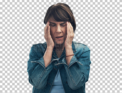 Buy stock photo Stress, headache and woman with hands on temple in pain, sore migraine or fatigue on isolated, transparent or PNG background. Head, tired and working with burnout, anxiety or exhausted mental health