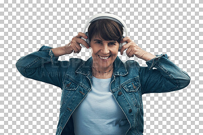Buy stock photo Music headphones, portrait and happy woman isolated on a transparent png background. Mature, radio and female person listen, streaming and enjoying jazz podcast, sound track and audio song to relax.
