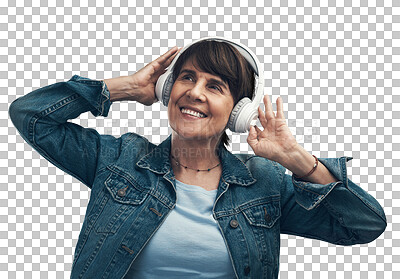 Buy stock photo Music headphones, smile and woman listening isolated on a transparent png background. Mature, radio and female person listen, streaming and enjoying jazz podcast, sound track and audio song to relax.