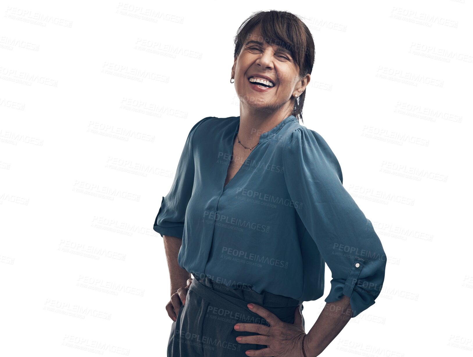 Buy stock photo Woman, laugh portrait and manager akimbo isolated on a transparent png background. Face, business and smile of mature professional, entrepreneur or funny ceo from Canada with confidence for success.