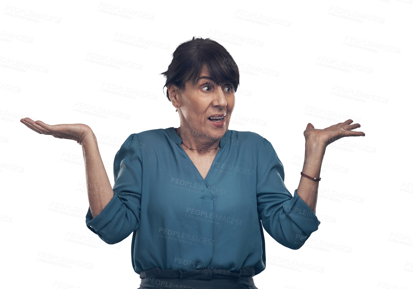 Buy stock photo Confused, professional and woman with hands in png with transparent and isolated background in Mexico. Choice, shrugging and female manager with decision or doubt and uncertain with question.