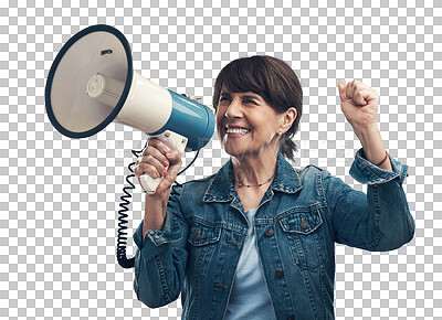 Buy stock photo Isolated woman, megaphone and happy announcement with fist, celebration and promo by transparent png background. Senior lady, loudspeaker or bullhorn for notification, news or protest with success