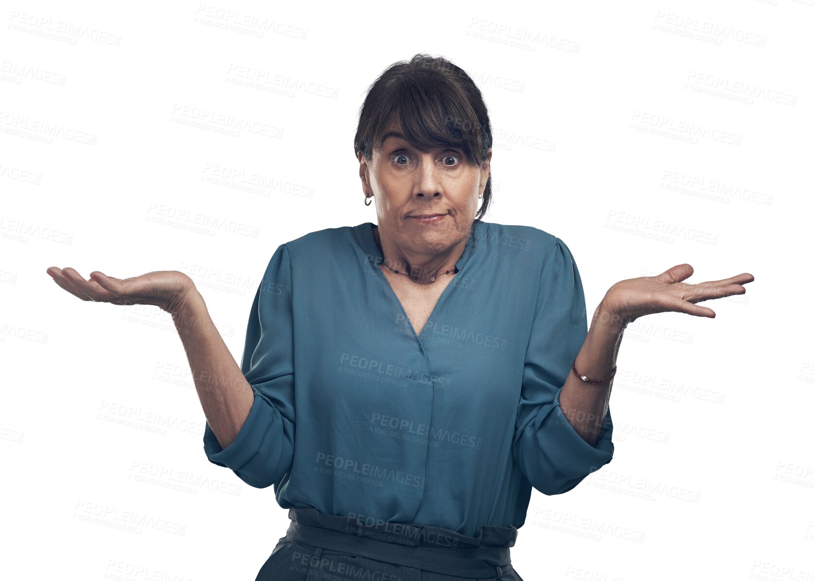 Buy stock photo Business woman, confused and doubt for decision, choice or unsure isolated on a transparent PNG background. Portrait of senior female person or employee shrug, dont know expression, emoji or question