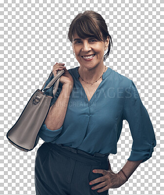 Buy stock photo Fashion portrait, bag and business woman isolated on transparent png background for career travel. Mature model, worker or happy person in professional clothes or handbag, excited for job opportunity