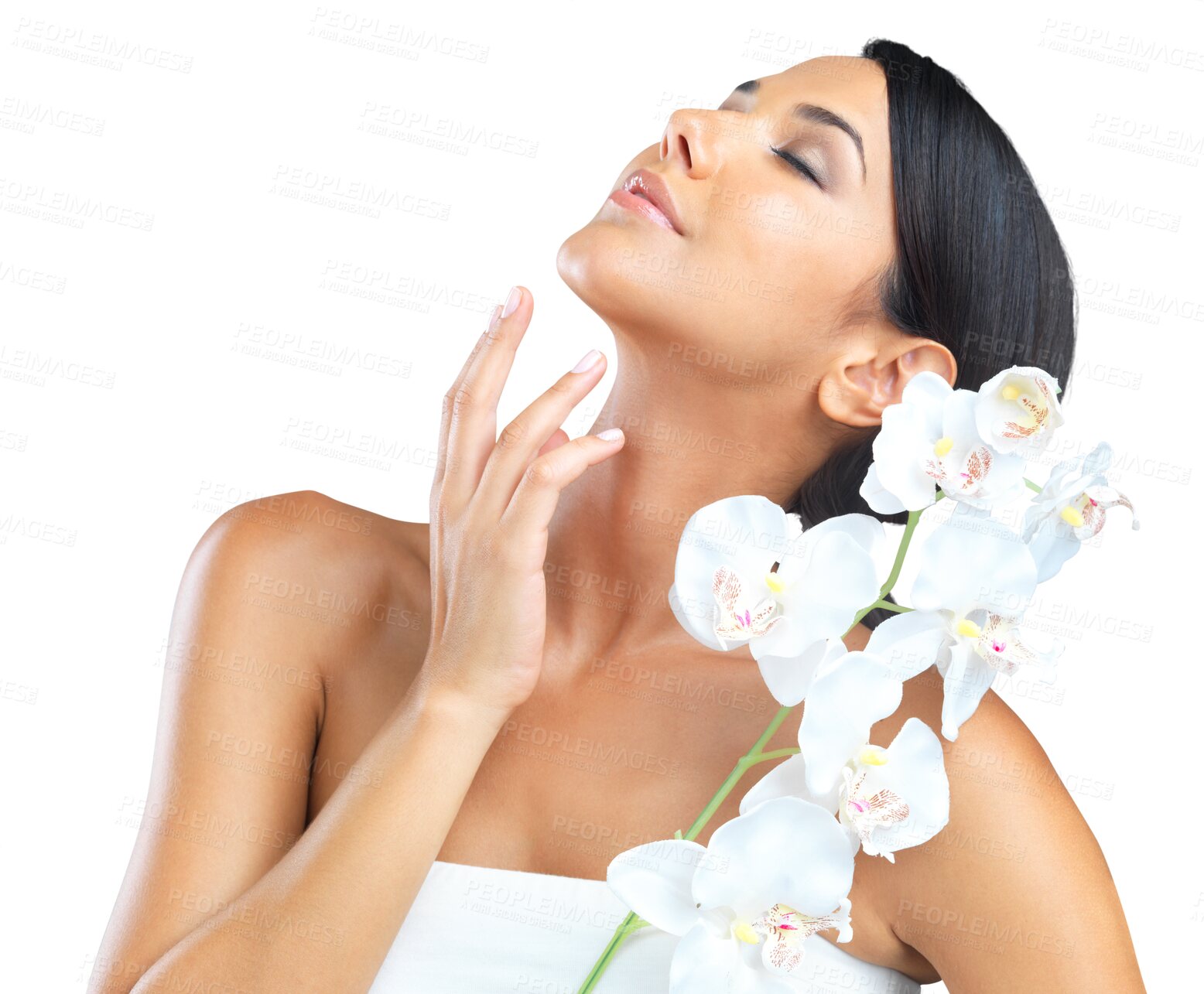 Buy stock photo Skincare, beauty and face of woman with flower on isolated, png and transparent background. Dermatology, spa and natural female person with white orchid for satisfaction, facial cosmetics or wellness