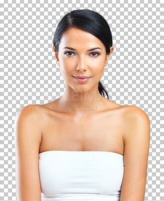 Buy stock photo Skincare, glow and a woman with a beauty portrait for wellness, health and dermatology. Makeup, cosmetics and headshot of a girl with care of skin isolated on a transparent png background for a spa