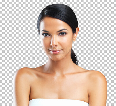 Buy stock photo Skincare, cosmetics and a woman with a beauty portrait for wellness, health and dermatology. Happy, young and headshot of a girl with care of skin isolated on a transparent png background for a spa