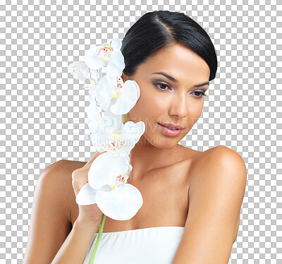 Buy stock photo Flowers, natural beauty or face of girl with skincare or self love isolated on transparent png background. Dermatology, floral orchid plant or beautiful woman thinking of facial cosmetics or wellness