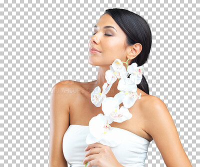 Buy stock photo Calm woman, flower and natural beauty for skincare hygiene isolated on a transparent PNG background. Relax female person or young model with natural organic plant for perfect skin or facial treatment