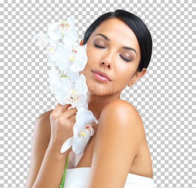 Buy stock photo Woman with flower, beauty with face and natural skincare with cosmetics isolated on transparent png background. Organic, vegan and eco friendly cosmetic care, female model and dermatology for skin