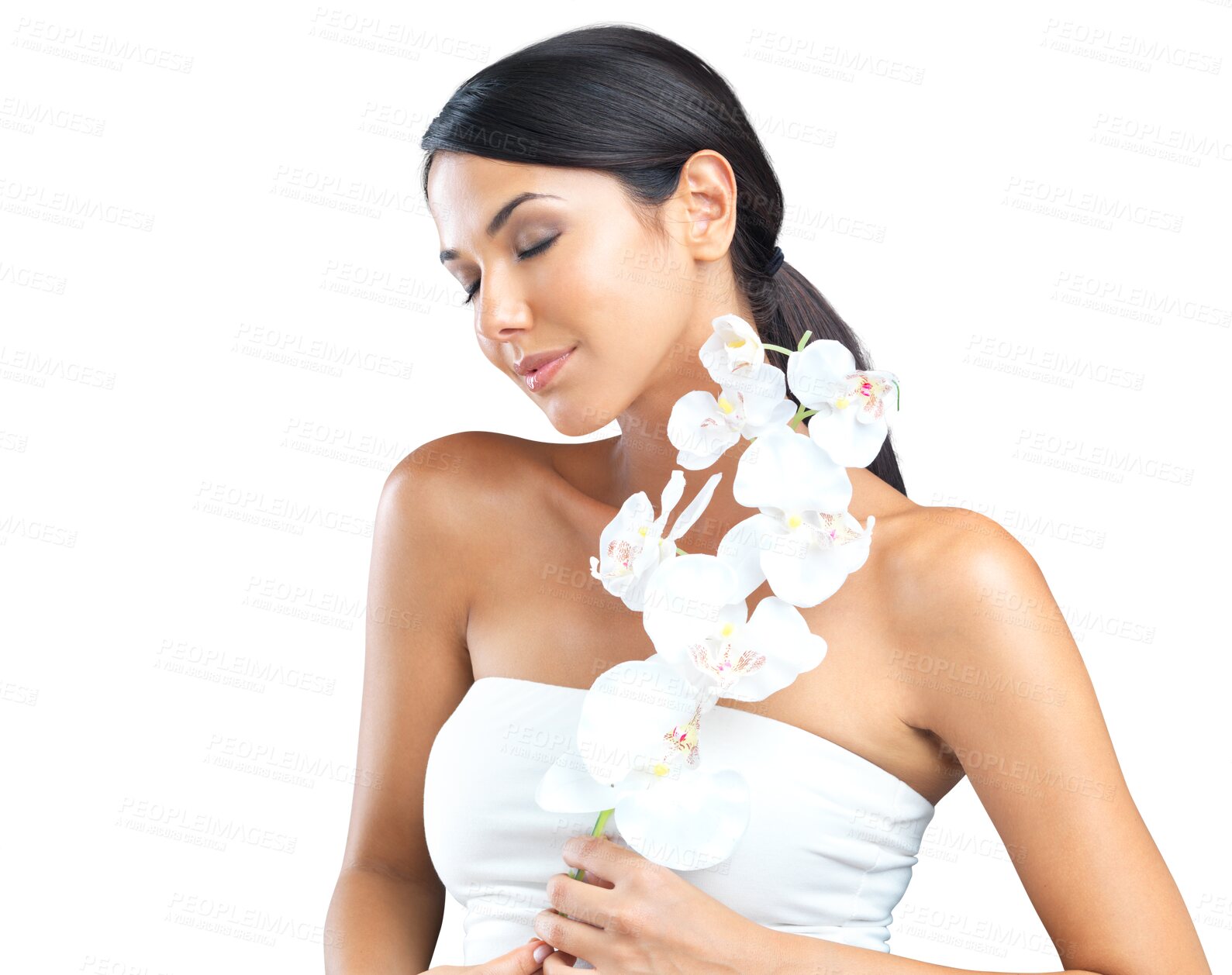 Buy stock photo Skincare, beauty and woman with flowers, luxury spa and morning routine isolated against a transparent background. Female person, model or girl with natural beauty, dermatology and png with soft skin