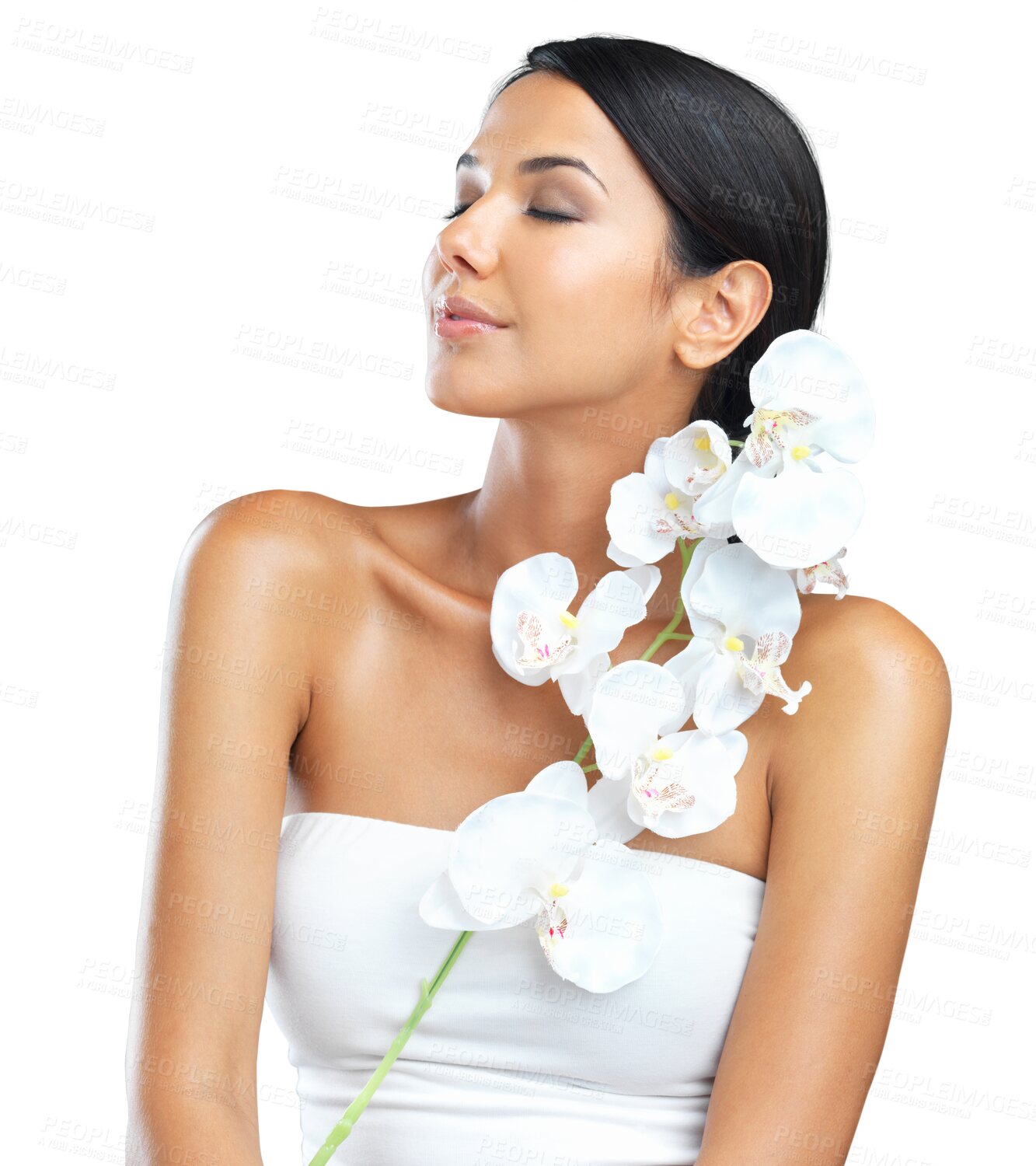 Buy stock photo Skincare, beauty and woman with orchid isolated on a transparent png background. Flowers, natural makeup and model with floral cosmetics, organic plant or facial treatment for healthy skin aesthetic