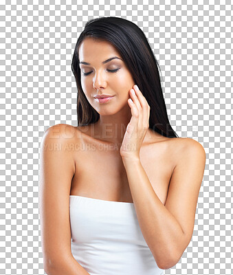 Buy stock photo Beauty, skincare touch and woman with eyes closed isolated on a transparent png background. Natural, makeup cosmetics or female model with spa facial treatment for healthy skin, aesthetic or wellness