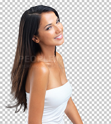 Buy stock photo Skincare, smile and portrait of woman isolated on a transparent png background. Natural, makeup cosmetics and face of female model with spa facial treatment for healthy skin, aesthetic and beauty.