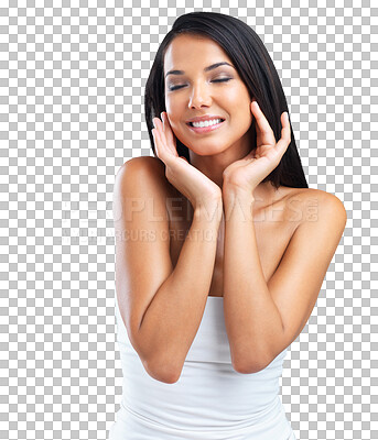 Buy stock photo Skincare touch, smile and woman with eyes closed isolated on a transparent png background. Natural, makeup cosmetics and female model with spa facial treatment for healthy skin, aesthetic and beauty.