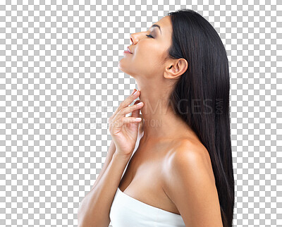 Buy stock photo Woman, hair and beauty with profile, neck with hairstyle and cosmetic care isolated on transparent png background. Female model, keratin treatment and haircare, cosmetics with cosmetology and shine