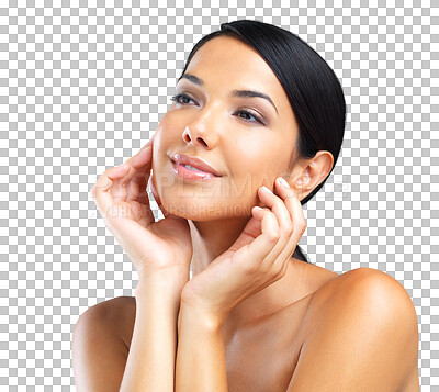 Buy stock photo Beauty, skin and a happy woman with hands on face isolated on transparent, png background. Aesthetic model person thinking of skincare cosmetics, facial glow and dermatology or natural makeup results