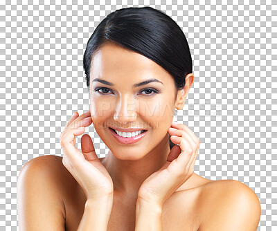 Buy stock photo Woman in portrait, beauty with face and natural skincare with cosmetics isolated on transparent png background. Healthy skin glow, grooming and female model smile, dermatology and makeup with facial 