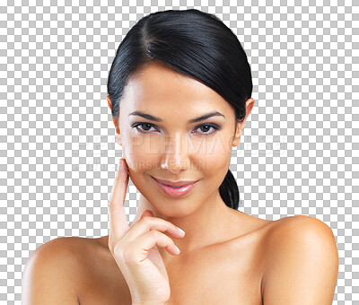 Buy stock photo Portrait, natural beauty or face of girl with skincare or smile isolated on transparent png background. Dermatology, cosmetics or happy woman smiling with glow, self love or facial shine for wellness