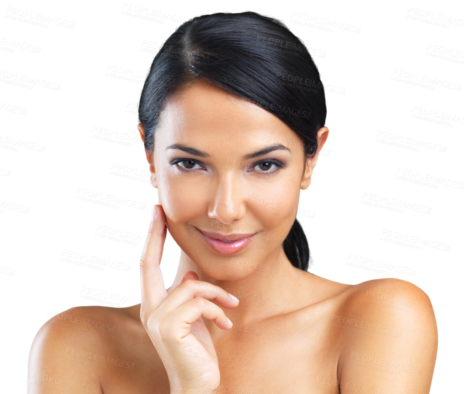 Buy stock photo Portrait, natural beauty or face of girl with skincare or smile isolated on transparent png background. Dermatology, cosmetics or happy woman smiling with glow, self love or facial shine for wellness