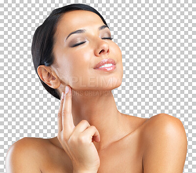 Buy stock photo Skincare touch, beauty and woman with eyes closed isolated on a transparent png background. Natural, makeup cosmetics and happy model with spa facial treatment for healthy skin, aesthetic or wellness