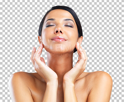 Buy stock photo Calm woman, face and natural beauty for skincare, makeup or cosmetics isolated on a transparent PNG background. Relax female person or model smile with touch for perfect skin or facial treatment