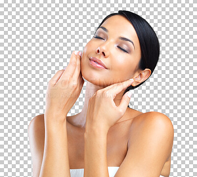 Buy stock photo Skin, beauty and a woman with hands on face isolated on a transparent, png background. Aesthetic model person touch cosmetics, facial glow and dermatology or natural makeup and skincare results