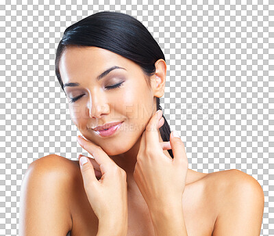 Buy stock photo Happy, skincare touch and woman with eyes closed isolated on a transparent png background. Natural beauty, makeup cosmetics and model with spa facial treatment for healthy skin, aesthetic or wellness