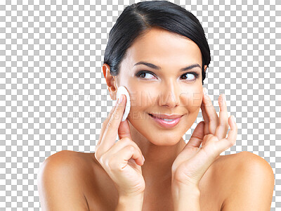 Buy stock photo Isolated woman, cotton pad and smile for skincare, beauty and thinking by transparent png background. Girl, model and ideas with product for natural skin glow, health or cleaning for facial cosmetics