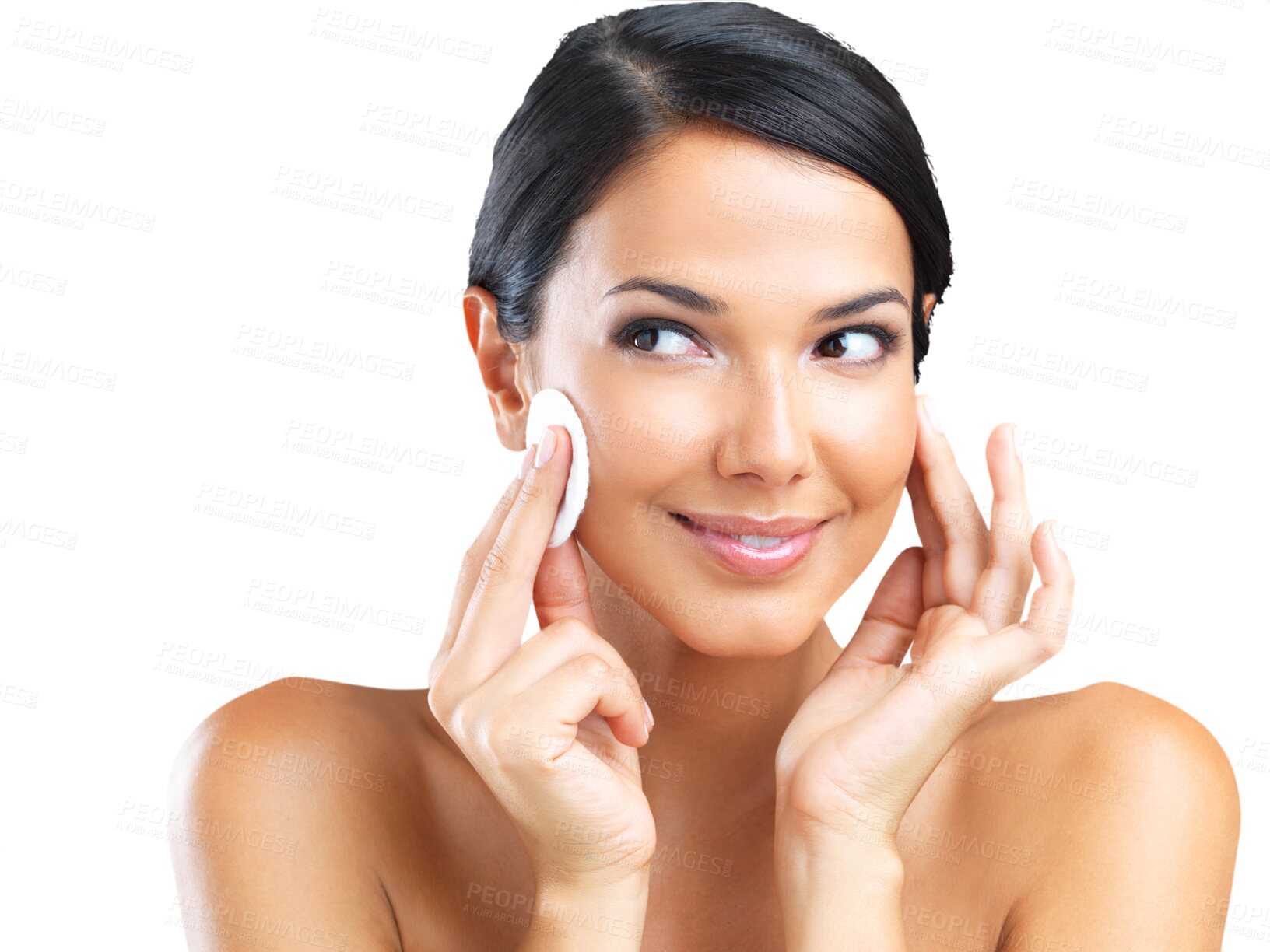 Buy stock photo Isolated woman, cotton pad and smile for skincare, beauty and thinking by transparent png background. Girl, model and ideas with product for natural skin glow, health or cleaning for facial cosmetics